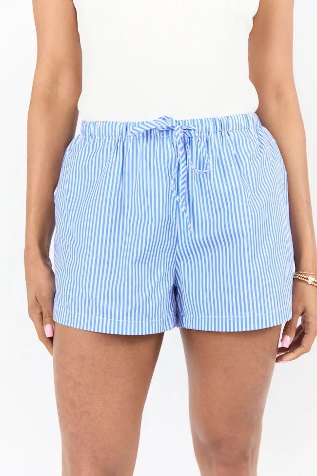 Never Leave Navy Striped Drawstring Shorts sold by Pink Lily