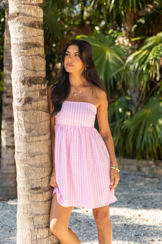 Dancin' Down The Shore Strapless Striped Mini Dress sold by Pink Lily