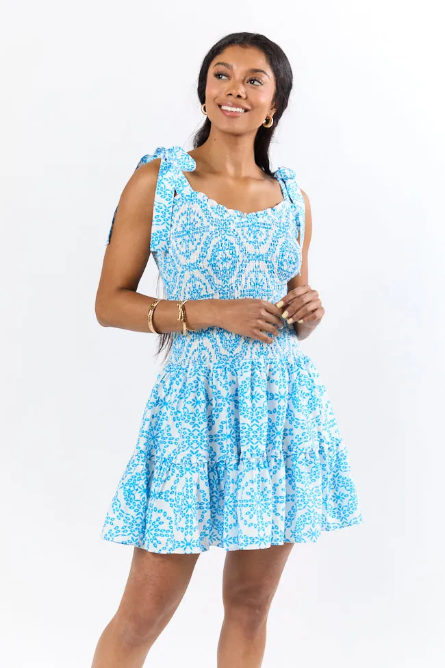Enough For Me Blue and White Smocked Bodice Printed Mini Dress FINAL SALE sold by Pink Lily product image thumbnail 2