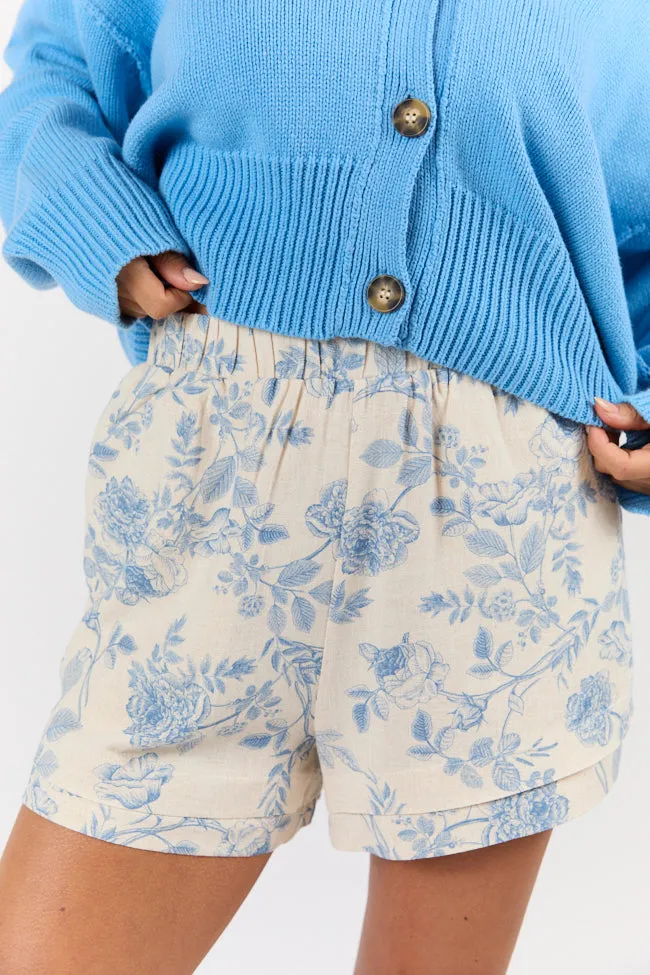 Early Evening Blue Floral Print Linen Blend Pull On Shorts FINAL SALE sold by Pink Lily