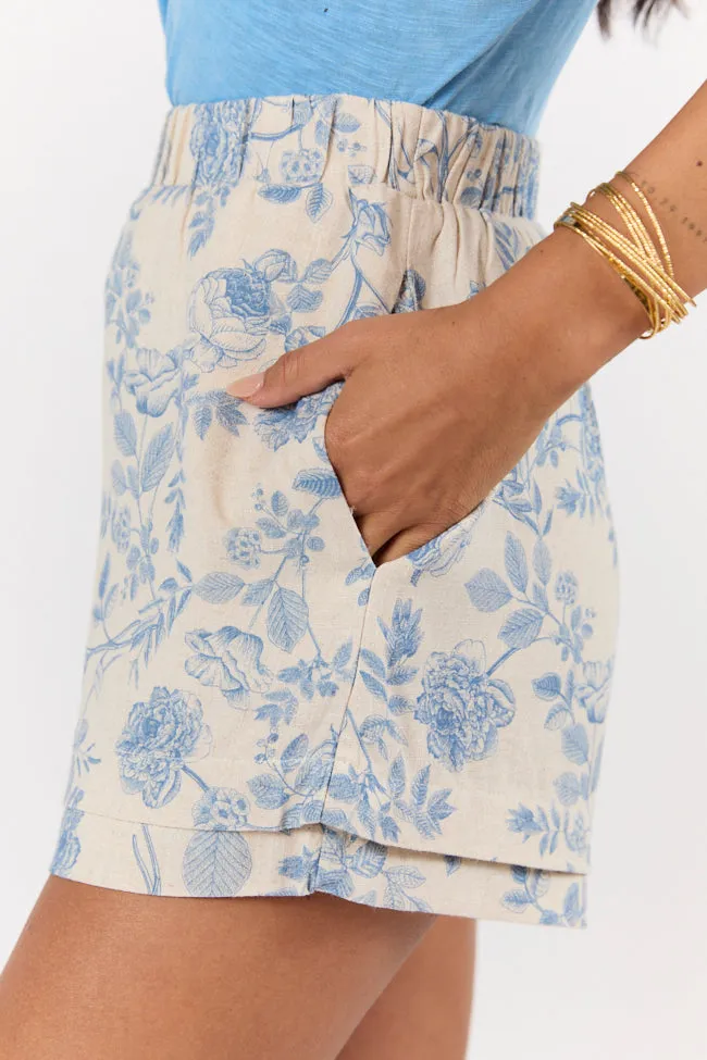 Early Evening Blue Floral Print Linen Blend Pull On Shorts FINAL SALE sold by Pink Lily product image thumbnail 4