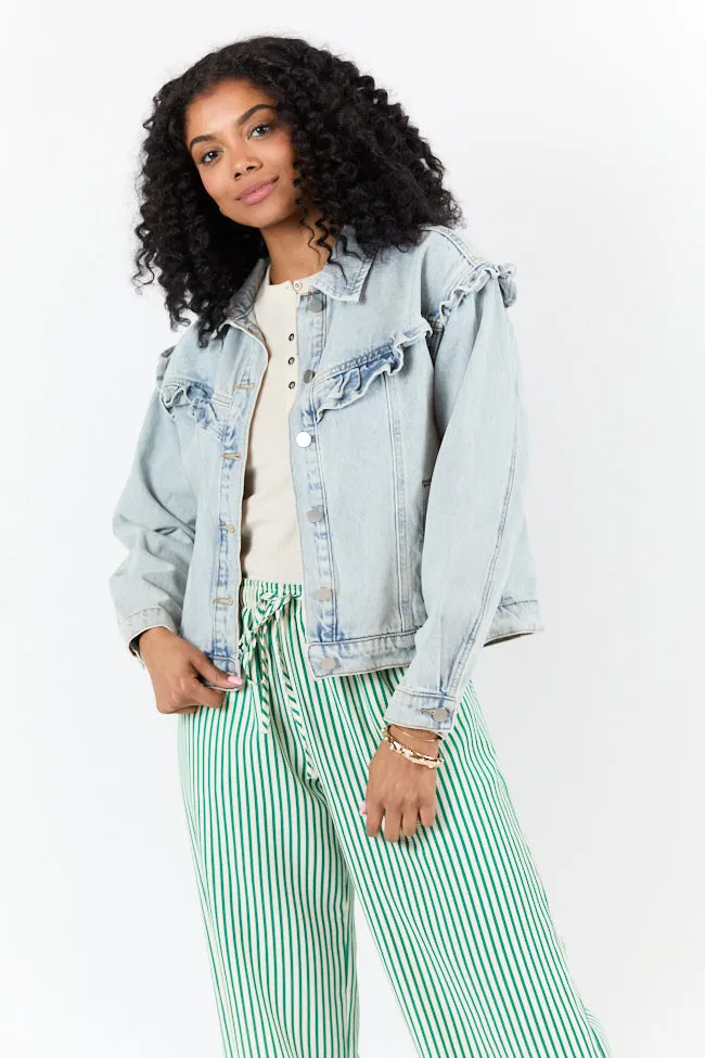 Told You So Light Wash Ruffle Trim Denim Jacket FINAL SALE sold by Pink Lily