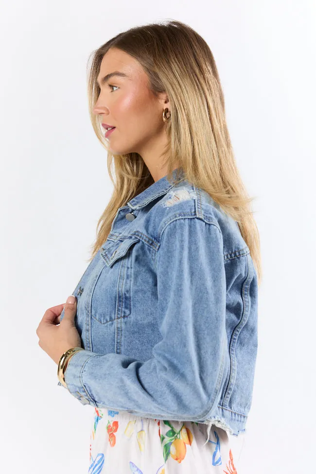 Run Around Town Medium Wash Deconstructed Denim Jacket FINAL SALE sold by Pink Lily product image thumbnail 3