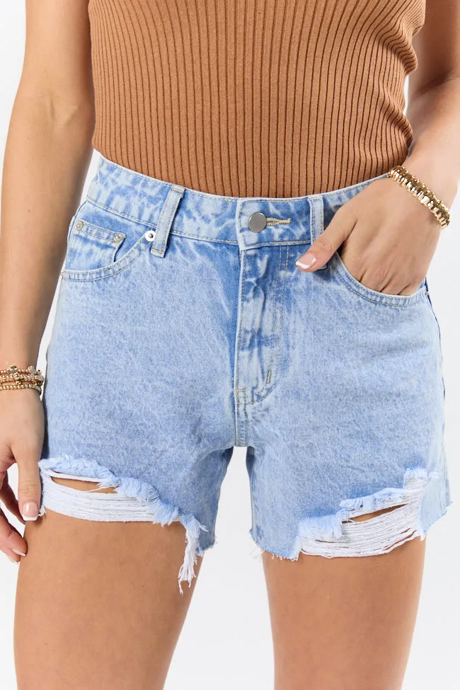 Nights Abroad Light Wash Distressed Denim Shorts FINAL SALE sold by Pink Lily