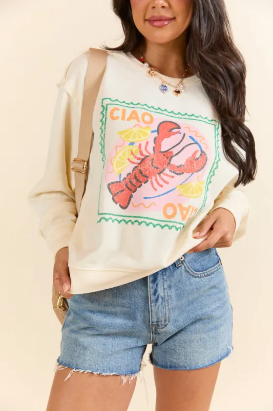 Ciao Ciao Cream Raw Hem Fleece Graphic Sweatshirt sold by Pink Lily