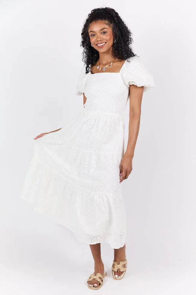 Forget Me Not White Eyelet Short Sleeve Midi Dress FINAL SALE sold by Pink Lily