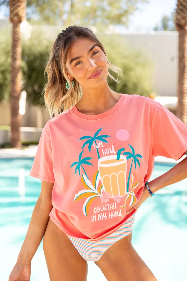 Sun, Sand, Cocktail In My Hand Coral Graphic Tee sold by Pink Lily