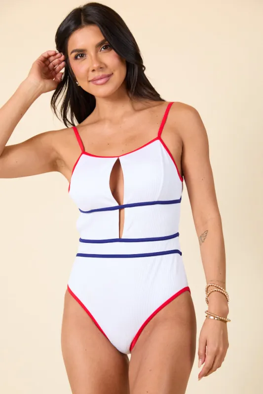 Wave Of Liberty White Ribbed Key Hole One Piece Swimsuit FINAL SALE sold by Pink Lily