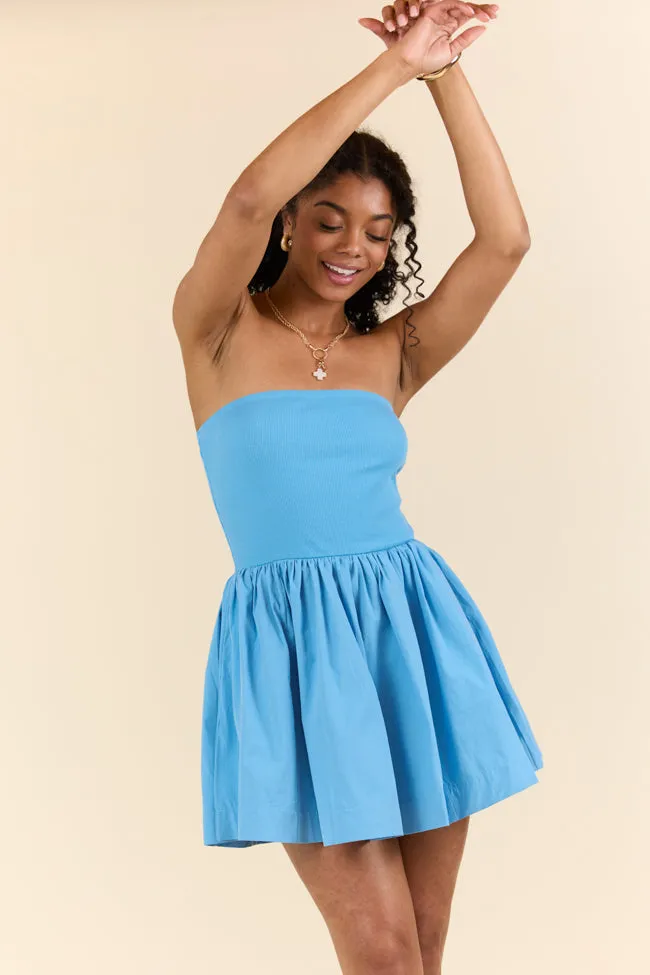 Ready By Noon Blue Strapless Fit and Flare Dress SALE sold by Pink Lily