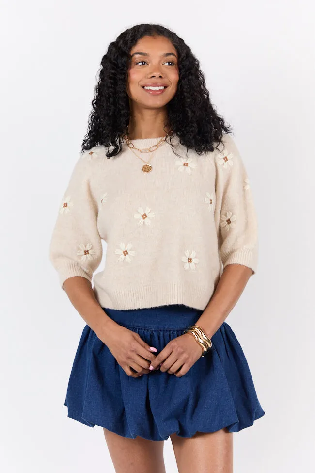 So Into You Oatmeal Short Sleeve Floral Embroidered Sweater sold by Pink Lily product image thumbnail 3