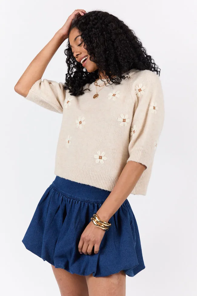 So Into You Oatmeal Short Sleeve Floral Embroidered Sweater sold by Pink Lily