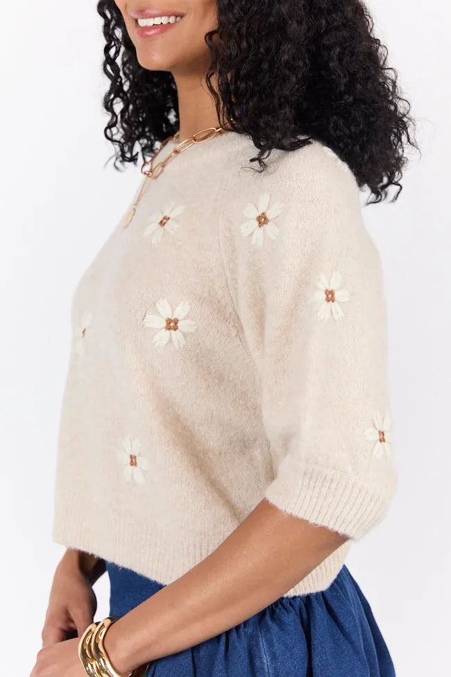 So Into You Oatmeal Short Sleeve Floral Embroidered Sweater sold by Pink Lily product image thumbnail 4