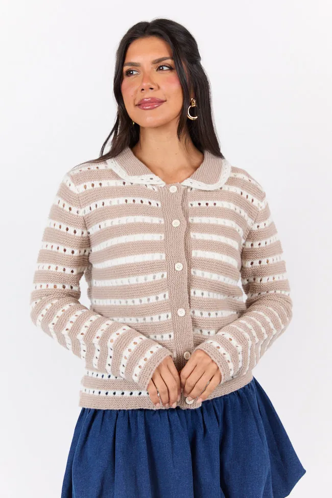 Warm Feelings Taupe Open Knit Striped Collared Cardigan FINAL SALE sold by Pink Lily product image thumbnail 4