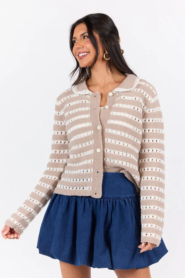 Warm Feelings Taupe Open Knit Striped Collared Cardigan FINAL SALE sold by Pink Lily product image thumbnail 3