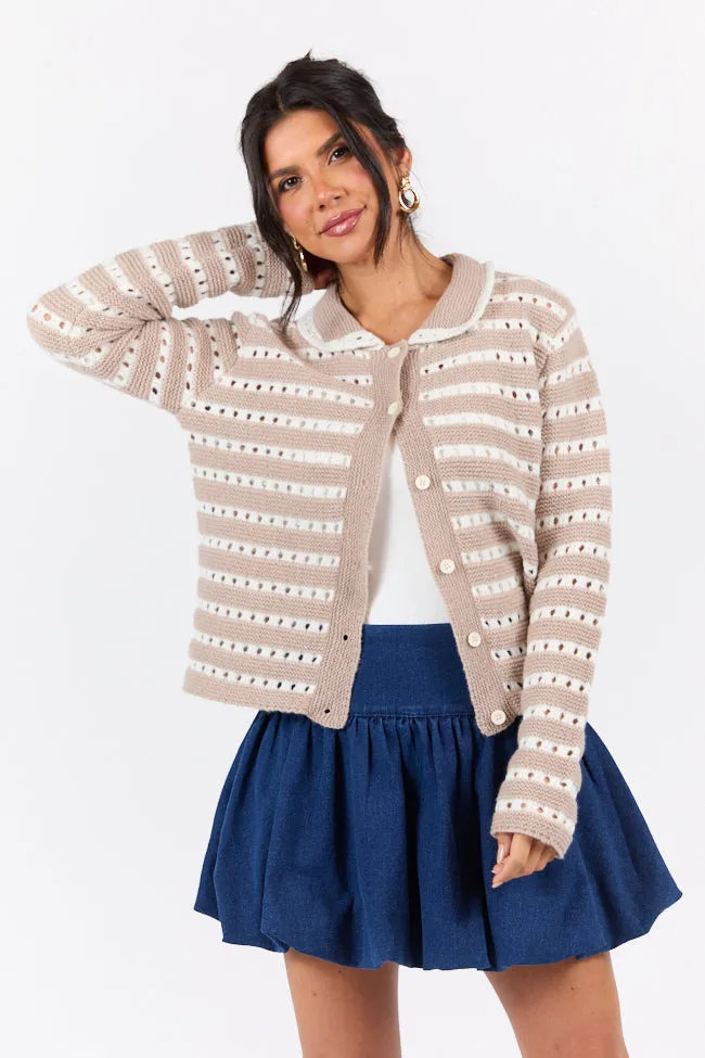 Warm Feelings Taupe Open Knit Striped Collared Cardigan FINAL SALE sold by Pink Lily