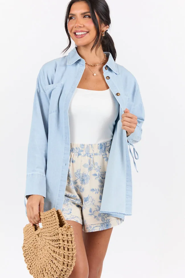 Different Plans Light Wash Chambray Button Down Blouse FINAL SALE sold by Pink Lily product image thumbnail 3