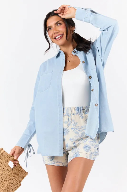 Different Plans Light Wash Chambray Button Down Blouse FINAL SALE sold by Pink Lily