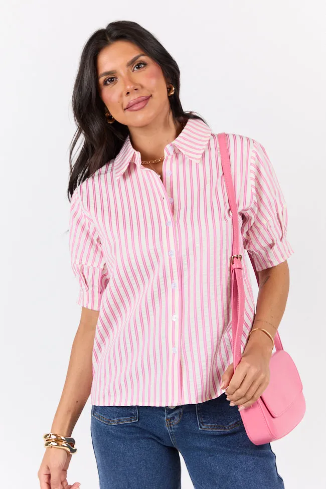 Just For Fun Pink Striped Button Down Short Sleeve Top sold by Pink Lily product image thumbnail 4