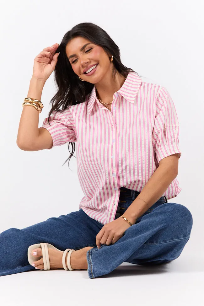 Just For Fun Pink Striped Button Down Short Sleeve Top sold by Pink Lily