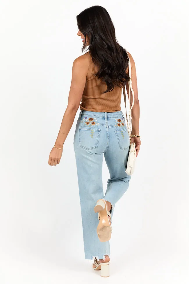 Lily Medium Wash Floral Embroidered Crop Relaxed Jeans FINAL SALE sold by Pink Lily product image thumbnail 3