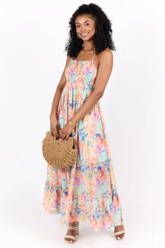 Floral Symphony Multi Color floral Smocked Maxi Dress made by Pink Lily