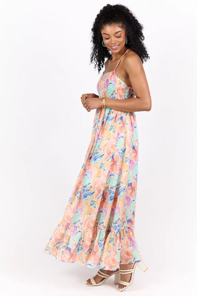 Floral Symphony Multi Color floral Smocked Maxi Dress sold by Pink Lily product image thumbnail 4