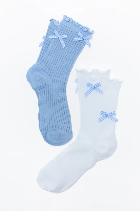 White and Blue Gingham Bow Sock Set FINAL SALE sold by Pink Lily