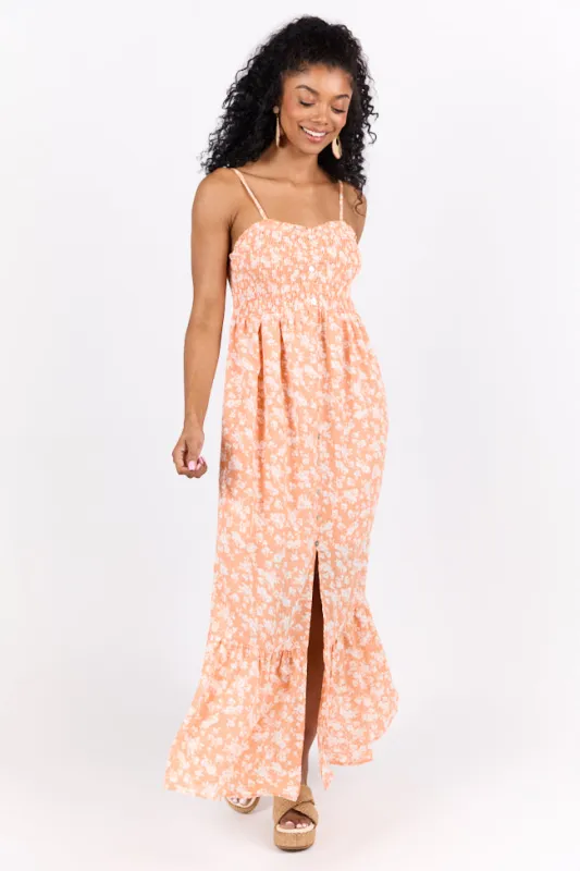 Blooming Beauty Orange Ditsy Floral Midi Dress SALE sold by Pink Lily