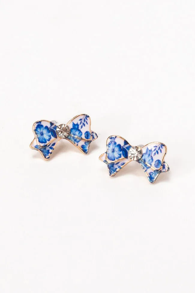 Blue Floral Printed Bow Earrings sold by Pink Lily