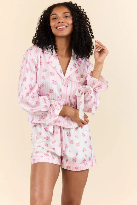 Sleep On My Side Pink Floral Satin Long Sleeve Pajama Top sold by Pink Lily