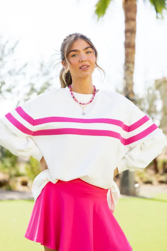 Power Moves White and Hot Pink Striped Oversized Striped Sweatshirt sold by Pink Lily
