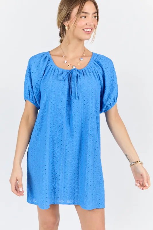 On A Whim Blue Knit Eyelet Short Sleeve Dress FINAL SALE sold by Pink Lily