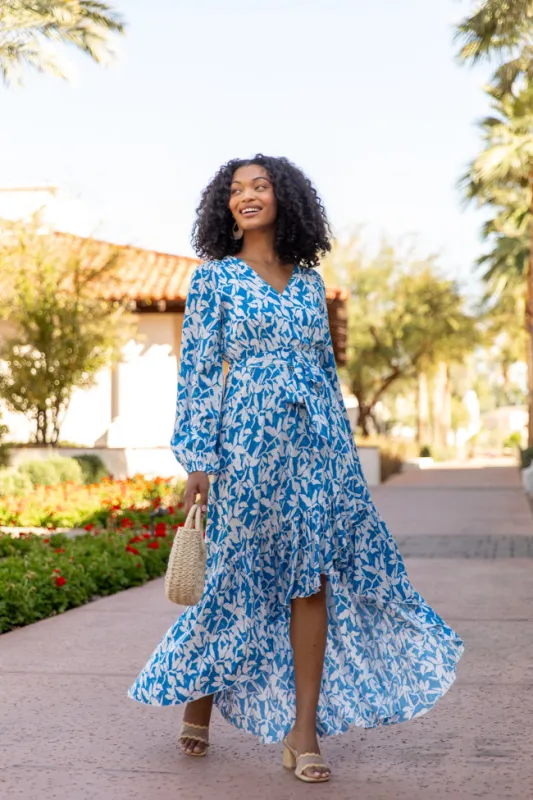 Palmetto Paradise Blue and White Long Sleeve Maxi Dress FINAL SALE sold by Pink Lily