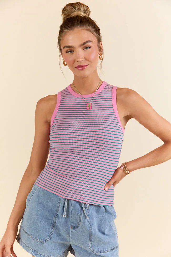 Core Values Pink and Green Ribbed Stripe High Neck Tank sold by Pink Lily product image thumbnail 4
