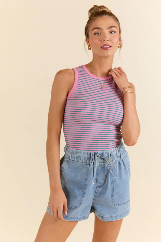 Core Values Pink and Green Ribbed Stripe High Neck Tank sold by Pink Lily