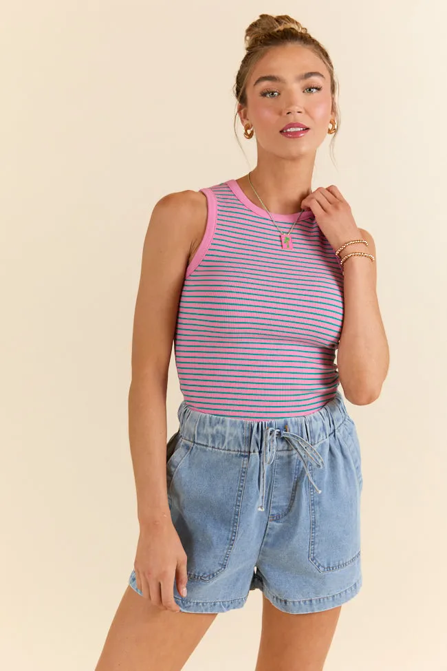 Core Values Pink and Green Ribbed Stripe High Neck Tank sold by Pink Lily