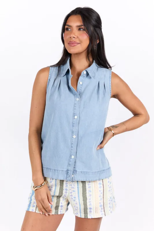 Smooth Sailing Light Wash Sleeveless Collared Chambray Tank made by Blue Blush