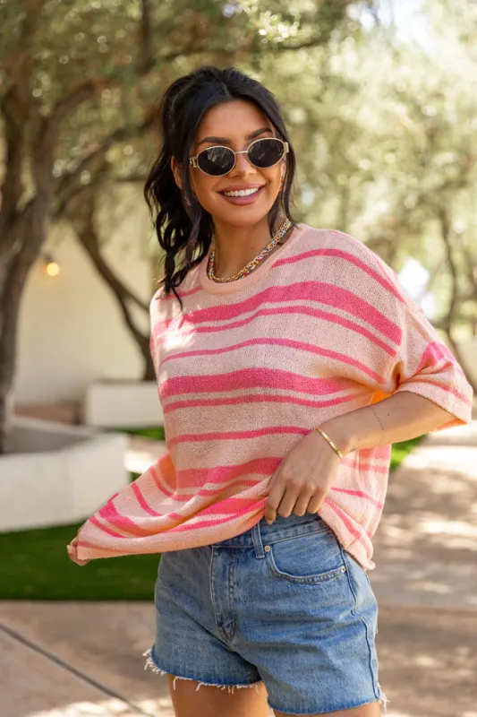 Beside Me Coral and Pink Striped Short Sleeve Sweater FINAL SALE sold by Pink Lily