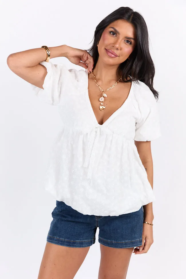 Lovely Thoughts Ivory Embroidered Floral Bubble Hem Blouse FINAL SALE sold by Pink Lily
