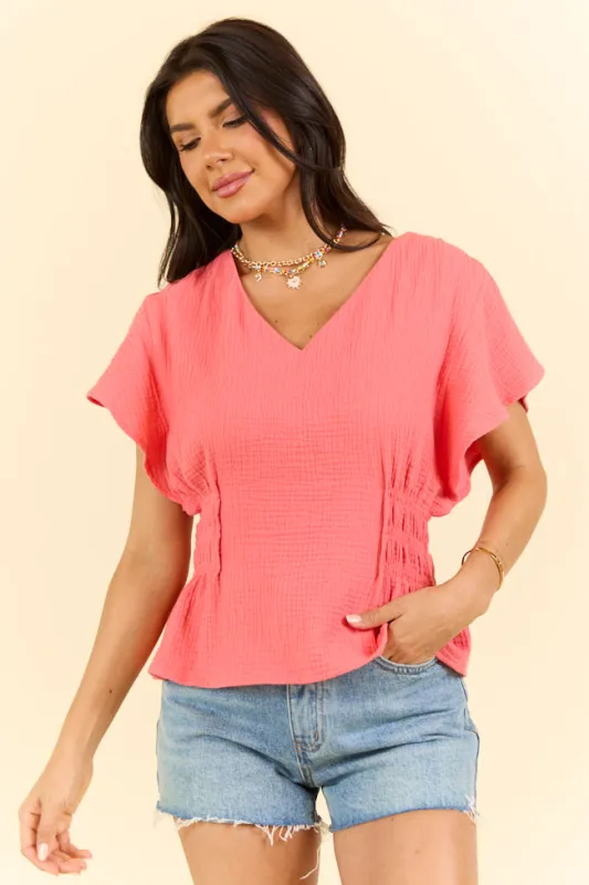 Missed You Solid Cinched Waist Woven Blouse sold by Pink Lily