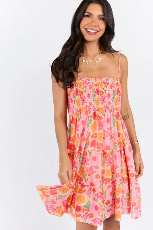 I Know A Place Orange And Pink Floral Smocked Mini Dress SALE sold by Pink Lily