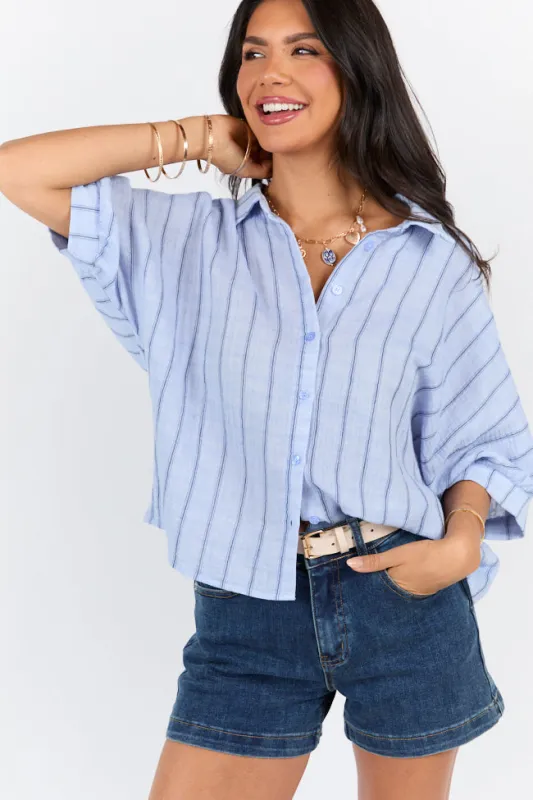 In The Sunshine Blue Oversized Striped Gauze Button Down Top FINAL SALE sold by Pink Lily