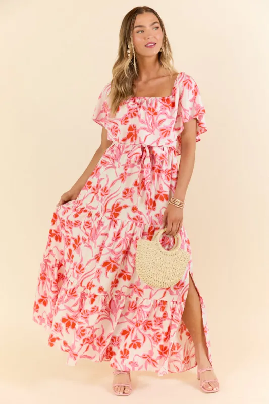 Feeling Just Fine Pink White Print Off The Shoulder Maxi Dress sold by Pink Lily