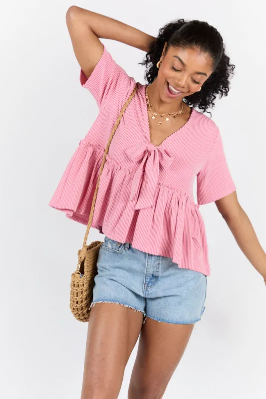 Basic Notion Pink Ribbed Knit Tie Front Tee sold by Pink Lily