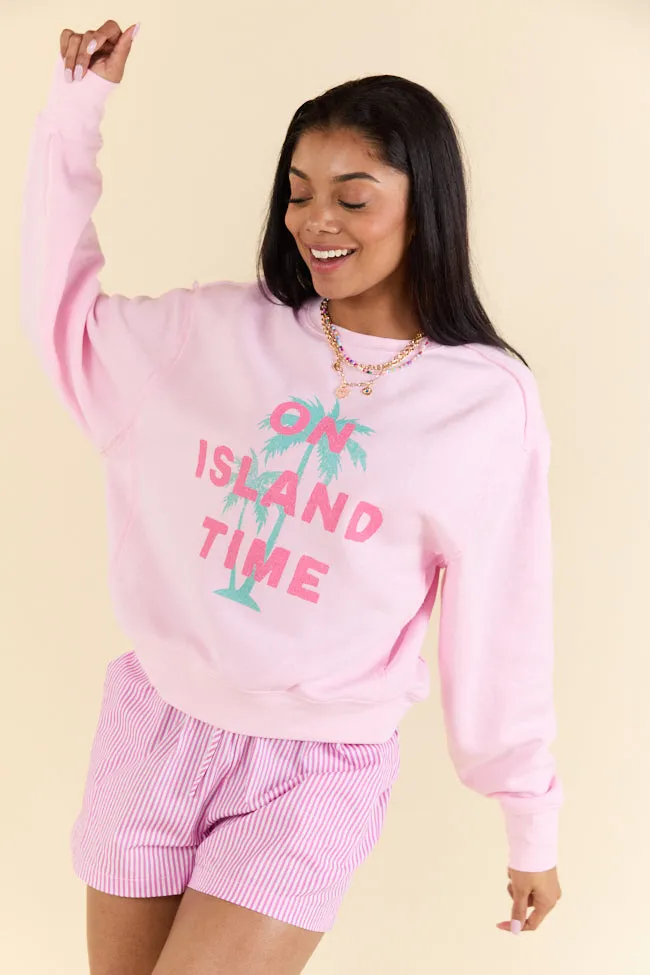 On Island Time Soft Pink Raw Hem Fleece Graphic Sweatshirt FINAL SALE sold by Pink Lily