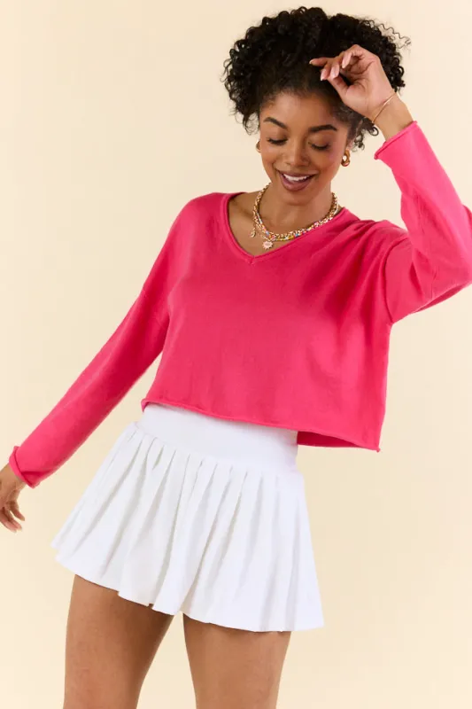 No Bad Days Hot Pink Drop Shoulder V-Neck Pullover FINAL SALE made by Le Lis