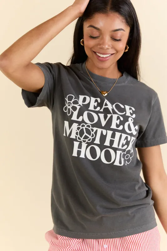 Peace Love and Motherhood Dark Grey Graphic Tee sold by Pink Lily
