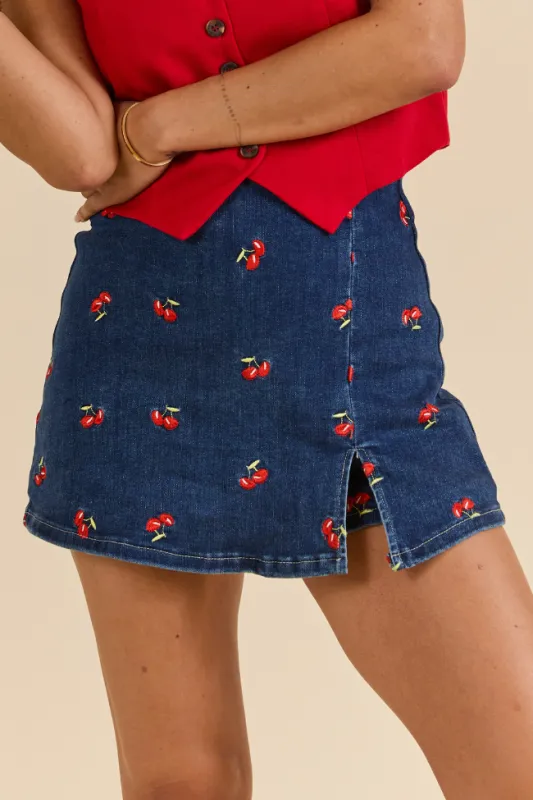 My Favorite Dark Wash Cherry Embroidered Side Slit Denim Skort sold by Pink Lily