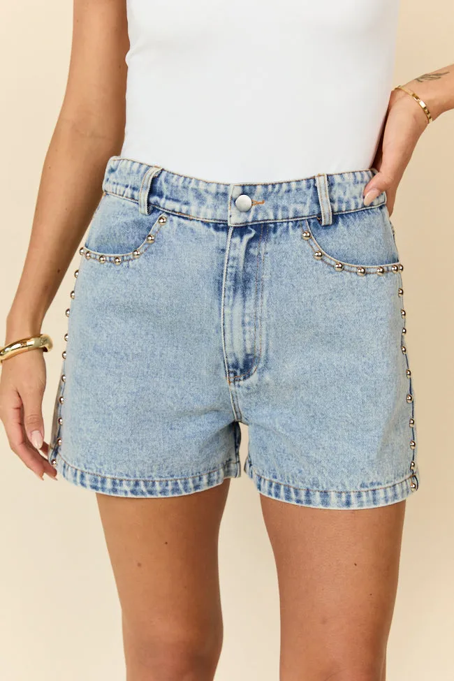 Studded Sound Blue Denim Shorts SALE sold by Pink Lily