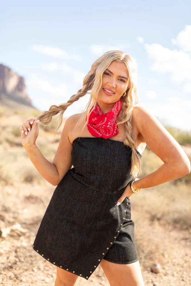 Pretty Heart Black Denim Strapless Romper FINAL SALE sold by Pink Lily